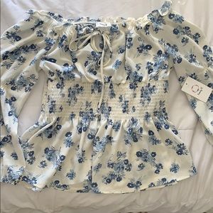Blue tie up floral ruched top